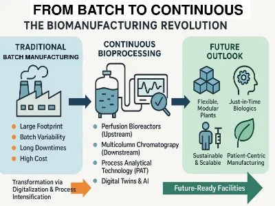 Diagram of continuous bioprocessing pipeline in biopharmaceutical manufacturing