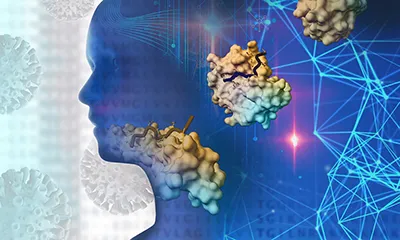 Digital brain with molecular structures representing AI in medicine