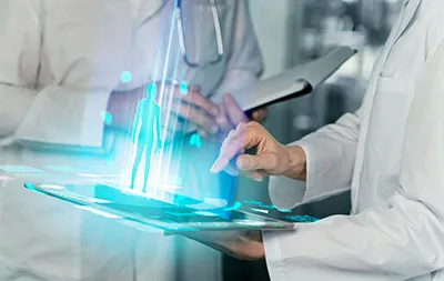 High-tech laboratory with AI-driven analysis for pharmaceuticals"