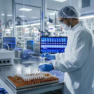 Scientist holding data chart over a bioreactor during process development