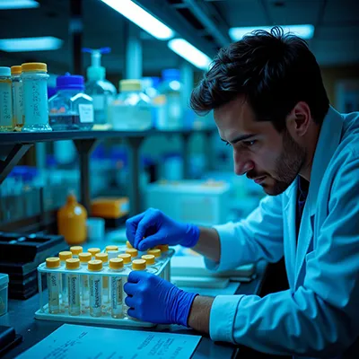 Close-up of pharmaceutical testing equipment and samples in a GMP-certified lab