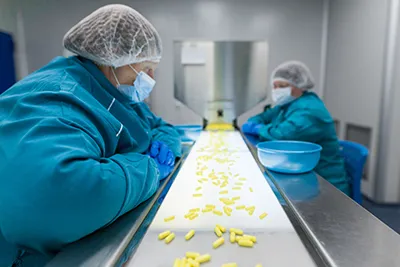 Quality assurance team inspecting pharmaceutical products