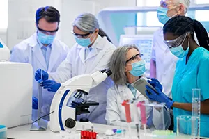Futuristic lab scene showcasing cutting-edge pharma innovation and global teamwork