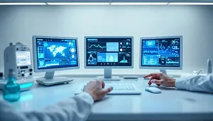 Computer screen displaying drug molecular structures generated by AI