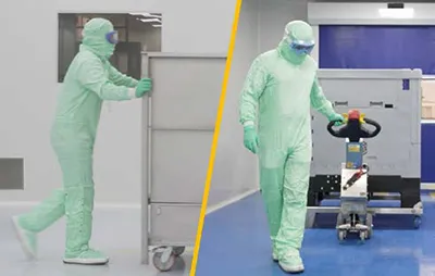 Close-up of pharmaceutical equipment handles with warning about manual use risks