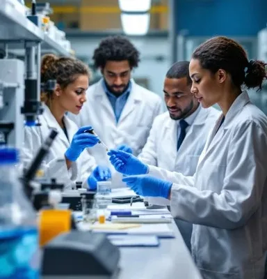 Scientists in lab discussing AI-driven research results