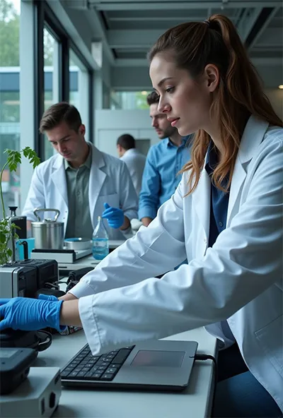 Engineers configuring automated lab equipment
