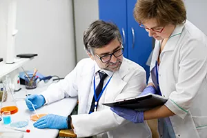 Clinical trial site with staff discussing study plans