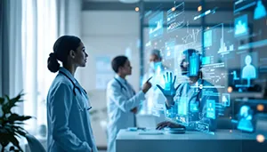 Illustration of artificial intelligence analyzing data for clinical trial design